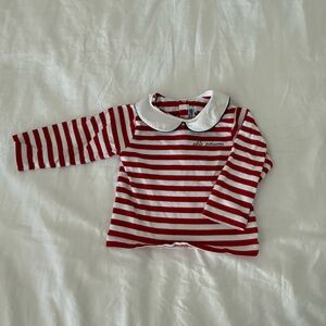 Jacadi Red and White Striped Long Sleeve Top with White Peter Pan Collar